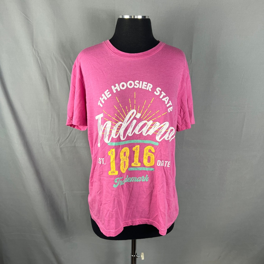 State & Local Threads T Shirt Women Large Pink The Hoosier State Indiana Graphic